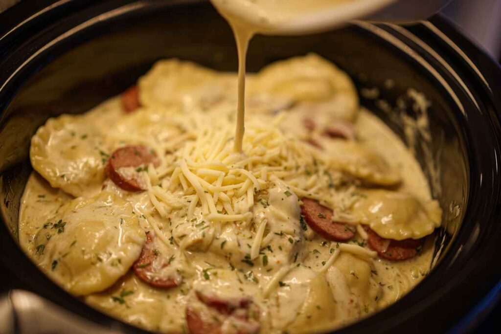 Crockpot Pierogi Casserole with Kielbasa
